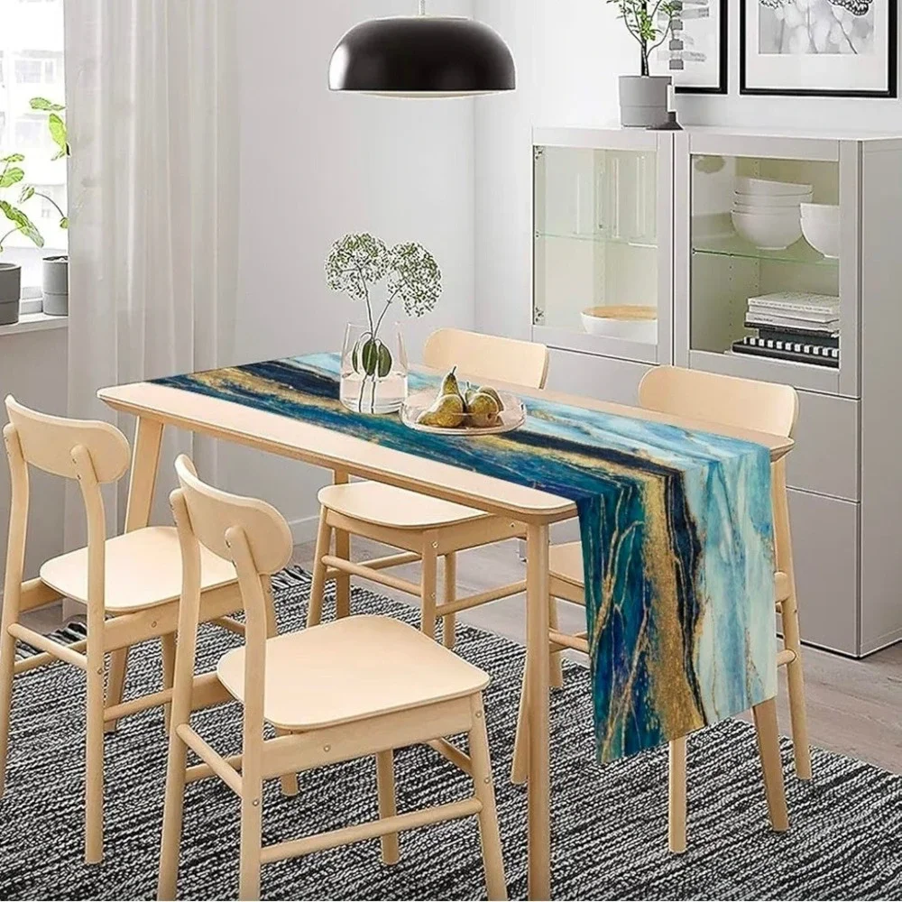 Blue Marble Abstract Texture Table Runner Cotton Linen 13x60 Modern Home Decor